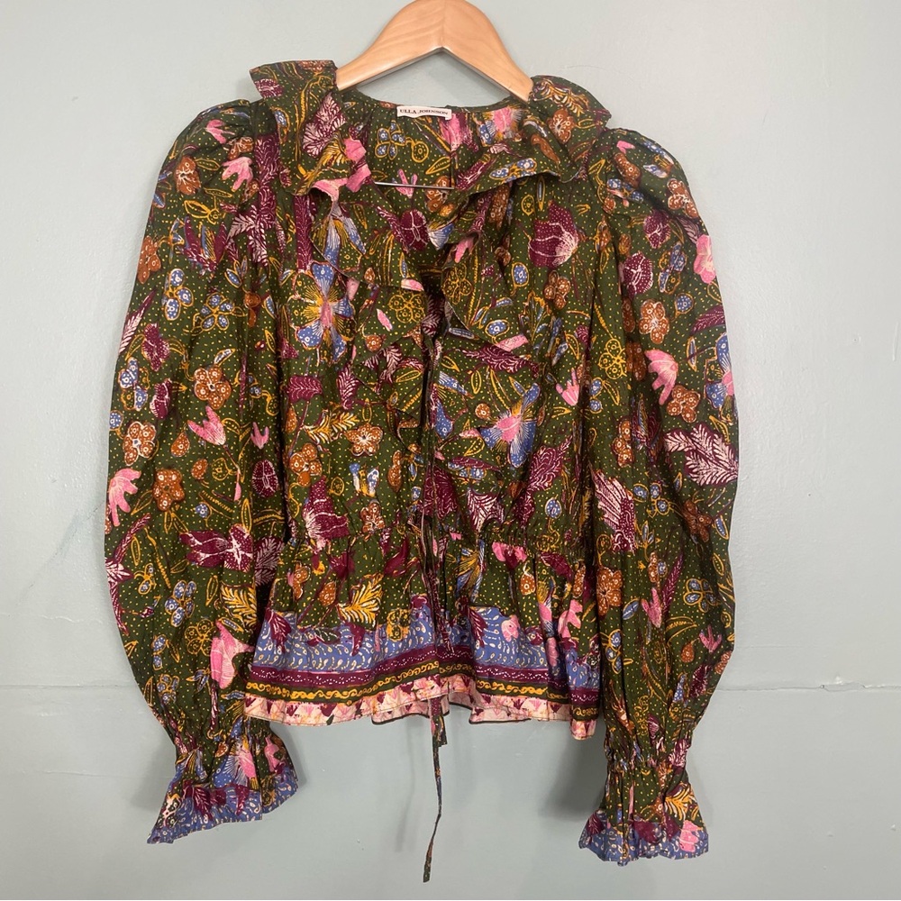 Ulla Johnson Willa Puff Sleeve Cotton Blouse Pine Green Floral Size 6 - Picture 2 of 11